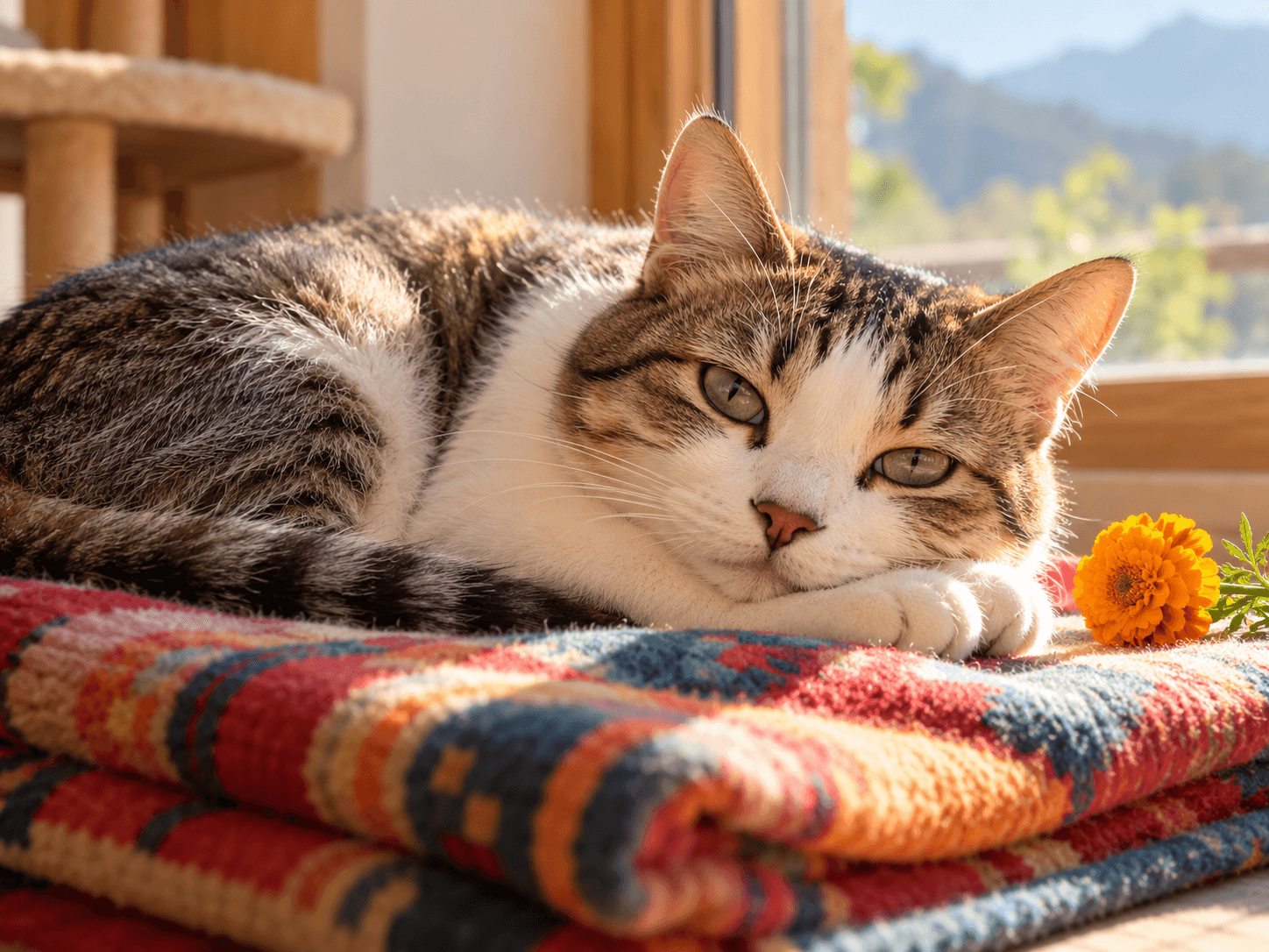 A rescued tabby-and-white cat resting peacefully on a blanket